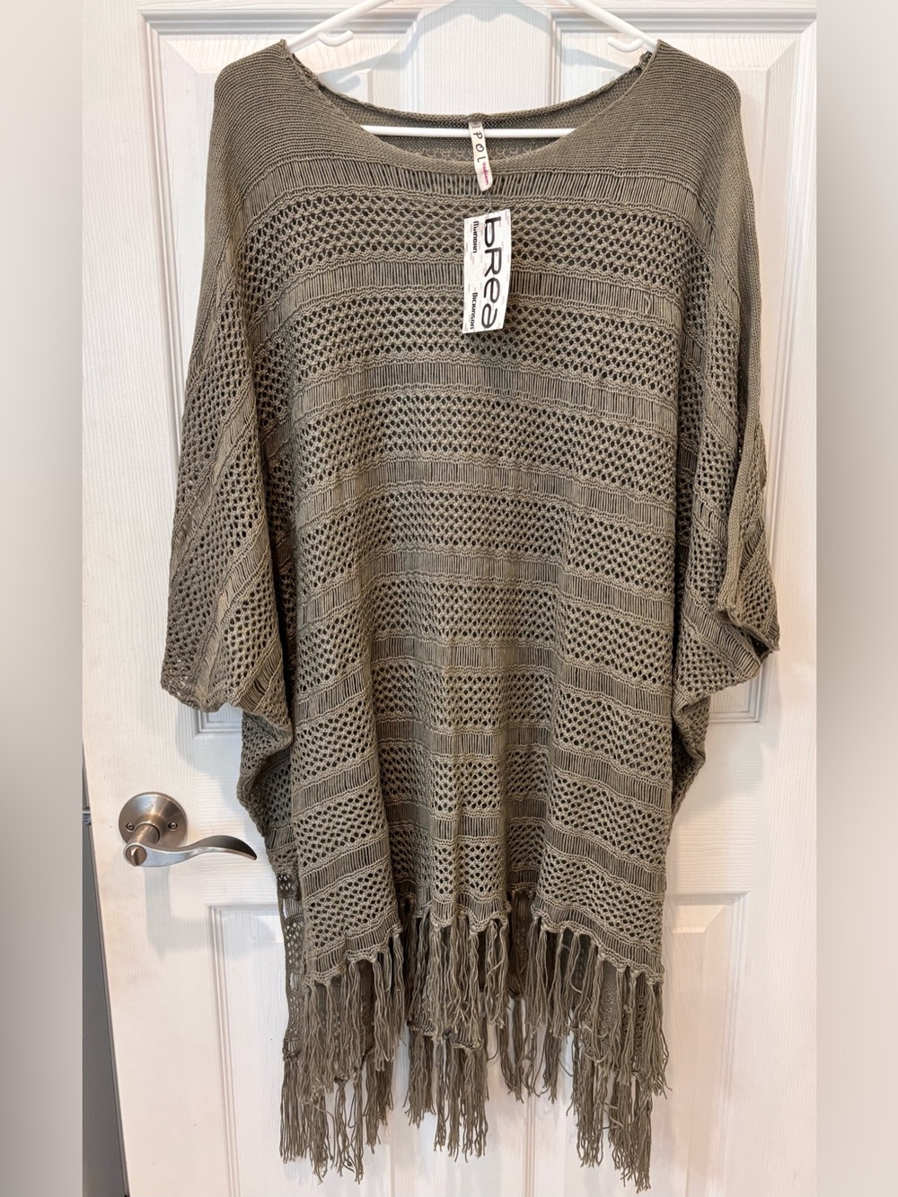 POL Fringed Open Knit  Poncho- Olive Green